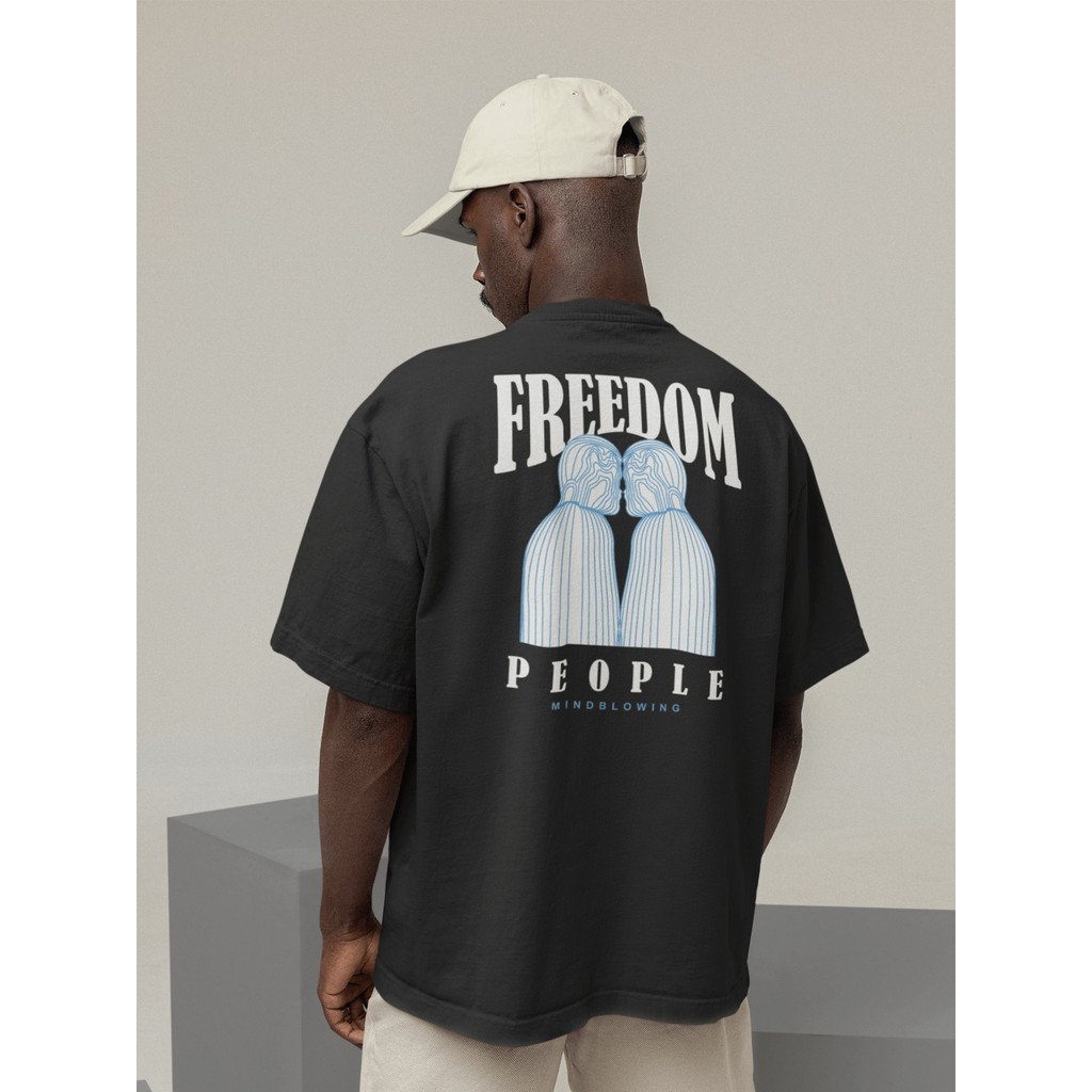 Camiseta Oversized Gola Alta Streetwear Masculino e Feminino 100% Algodão Preto e Off Whte Estampado - FREEDOM PEOPLE