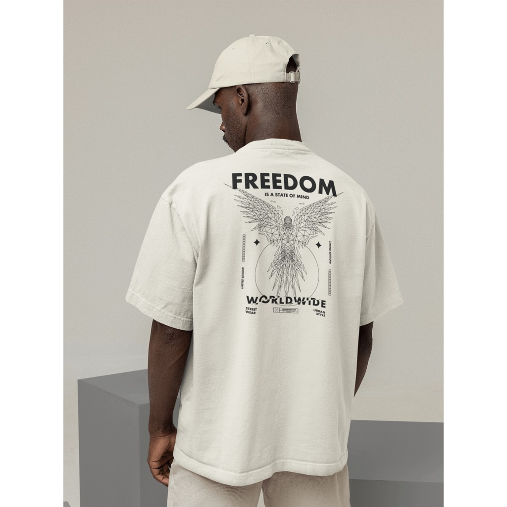 Camisa Camiseta Oversized Gola Alta Streetwear Masculino e Feminino 100% Algodão Preto e Off Whte Estampado - FREEDOM