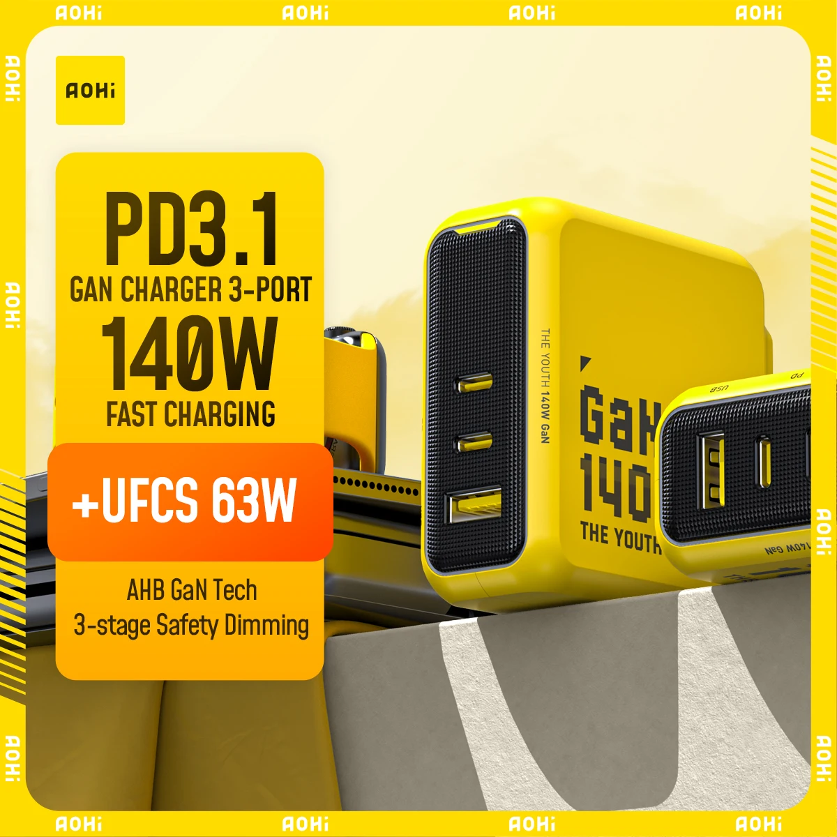 AOHI Youth 140W GaN Charger PD3.1 3-Port Type C Quick Charge For Macbook Pro Laptop USB Fast Charger For iPhone Tablet