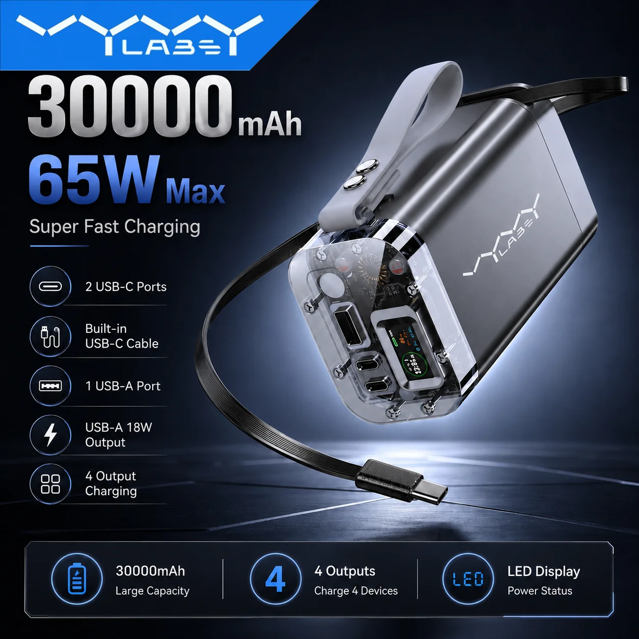 Vyvylabs Power Bank 30000mAh 65W PD3.0 Quick Charging 3.0 FCP SCP Portable External for iPhone 17 16 15 Laptop Tablet Power Bank