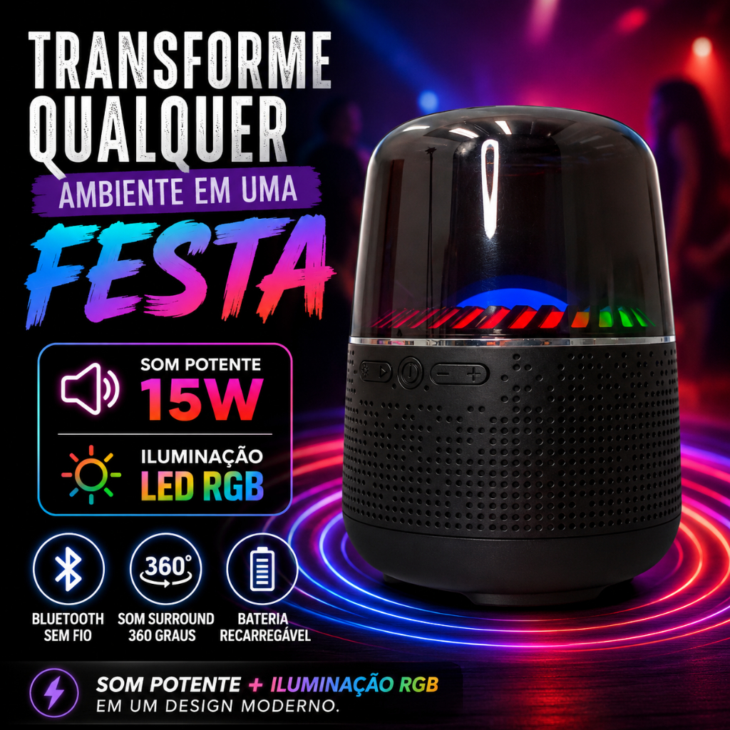 Caixa de Som Bluetooth 15W Portátil LED RGB Som 360° TWS USB Cartão SD Tipo C Recarregável