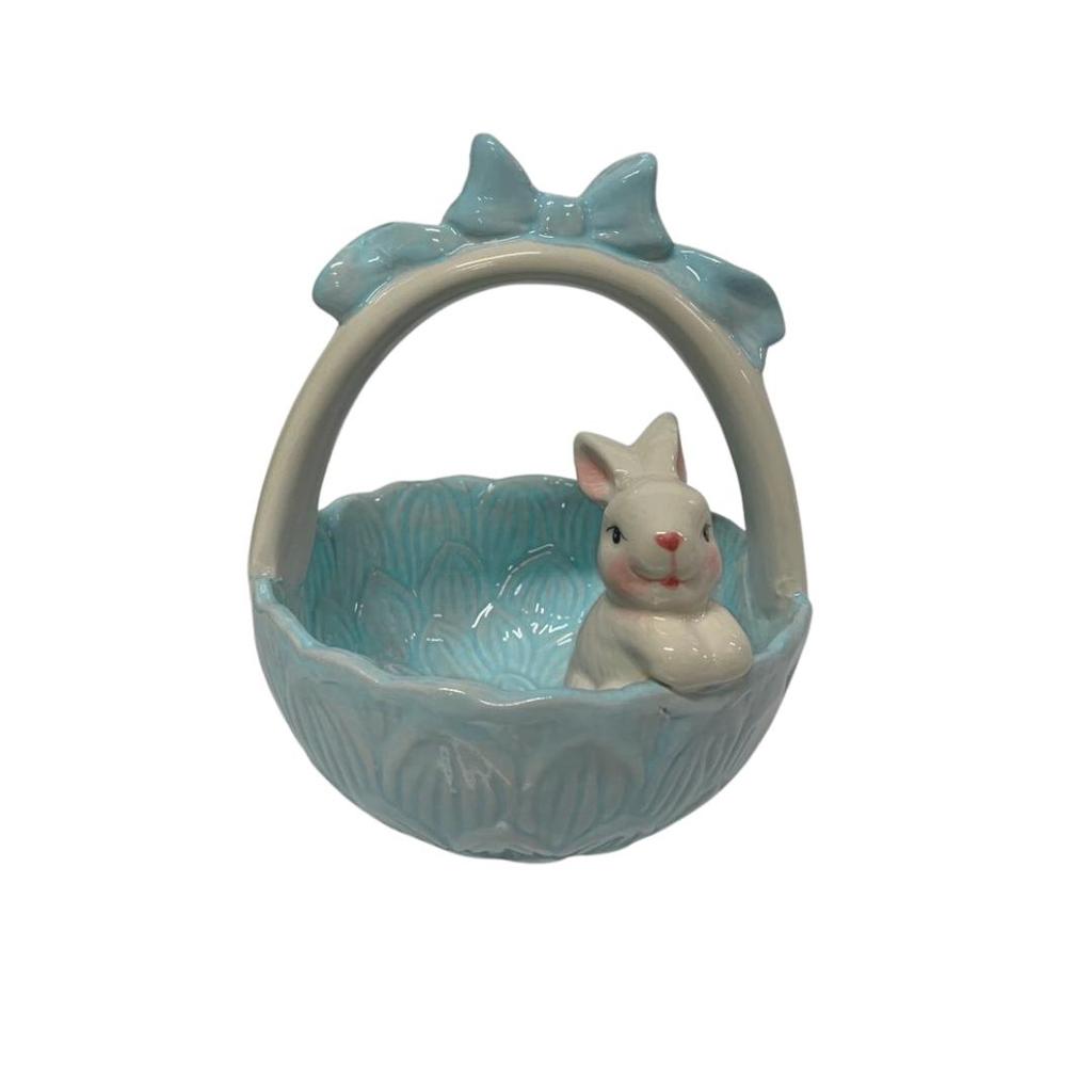 CESTINHA PASCOA CERAMICA C/COELHO 13X13X16CM AZUL