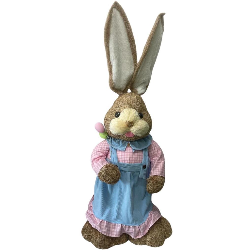 COELHO DE PALHA FÊMEA EM PE C/VESTIDO AZUL 100CM
