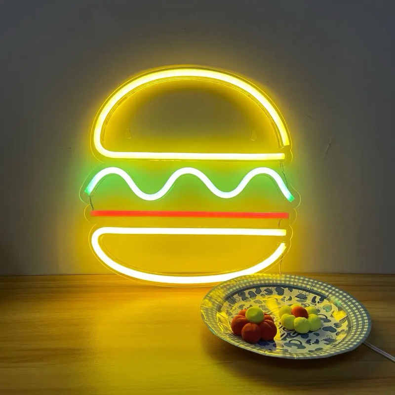 Hambúrguer Pizza Sorvete Açai Batata Frita Decorativo Neon Led em Acrílico 32x25cm Com fonte