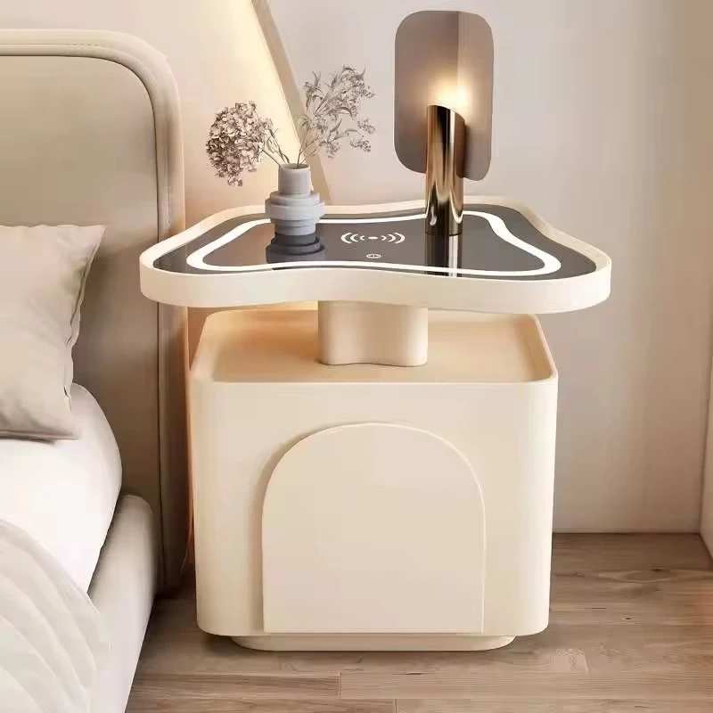 Smart bedside table Wireless charging mat LED light Modern cream wood storage Bedside table Villa hotel Bedroom home decoration