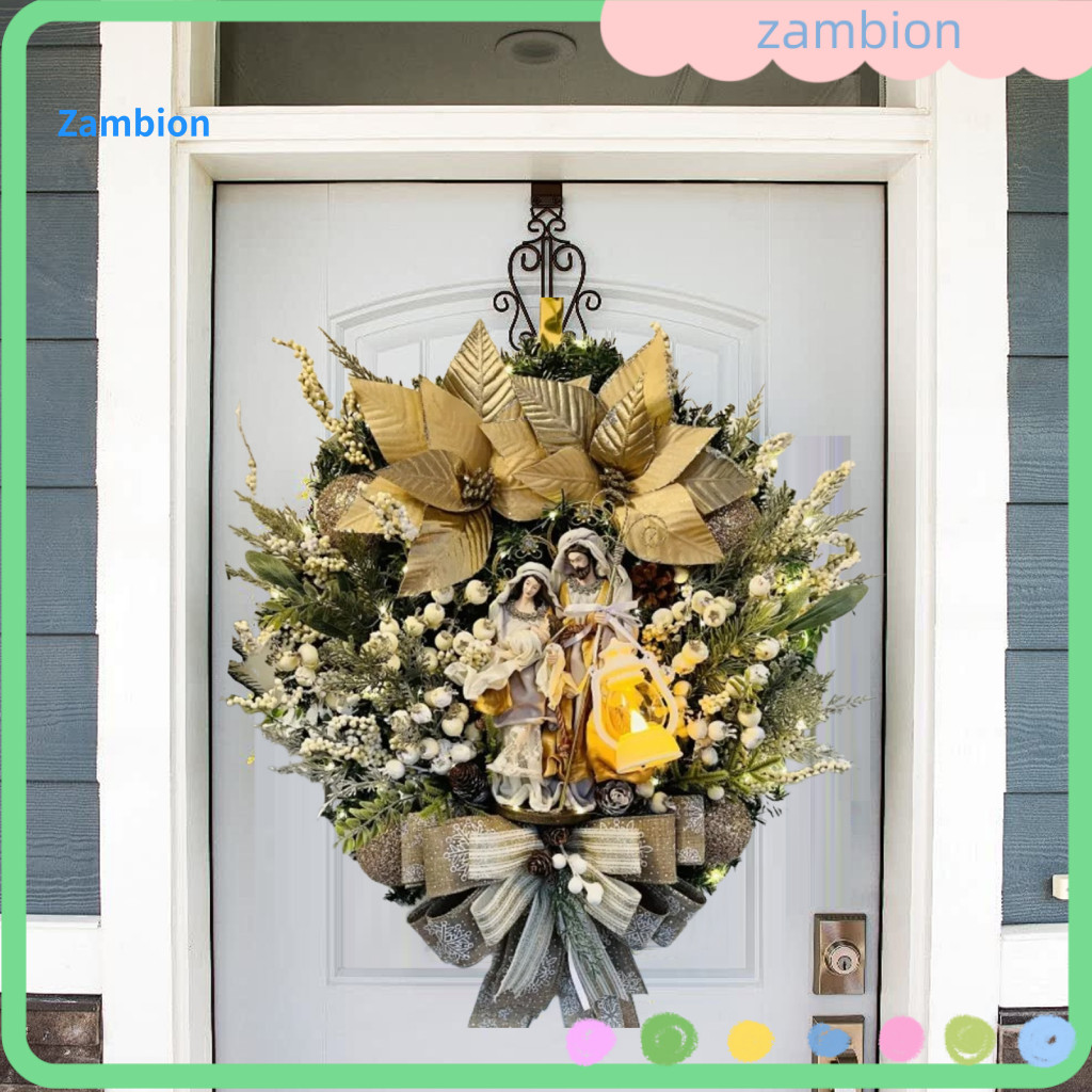 Light Up Christmas Wreath Battery Powered Holy Family Nativity with Artificial Berries Pinecones Jesus Figurine – Wint