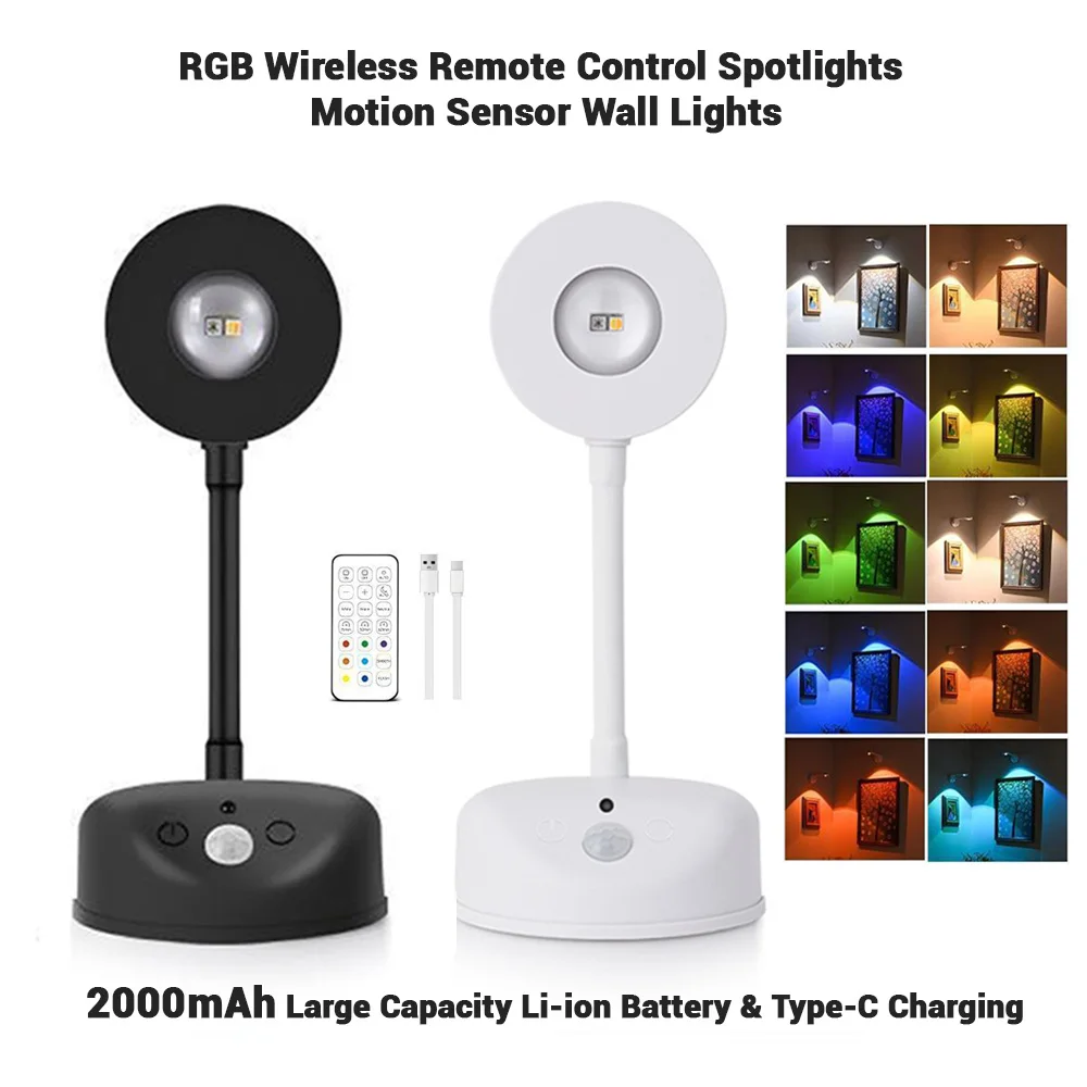 RGB Motion Sensor Wall Lamp Wireless LED Night Light USB Rechargeable 10 Colors Remote Control Sconce for Home Bedroom Decor