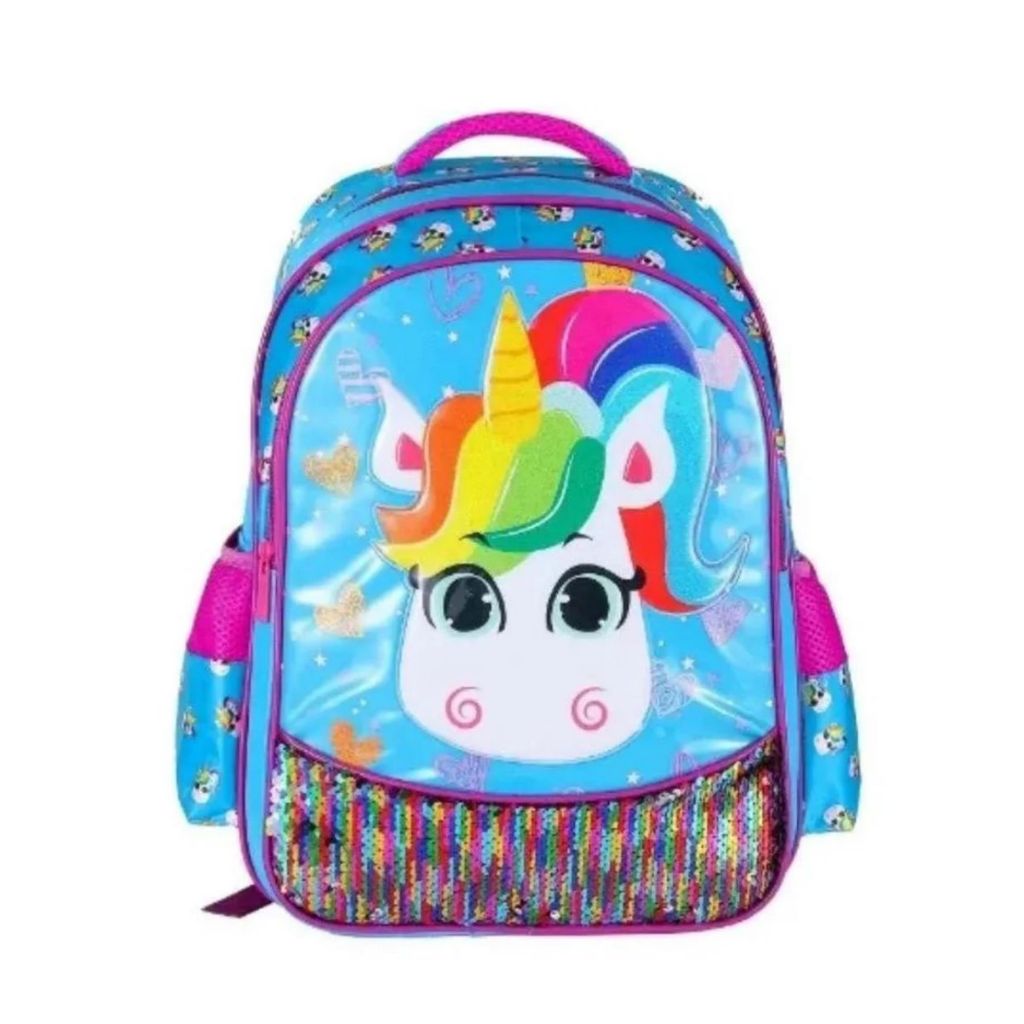 Mochila Escolar Infantil Unicórnio Alças Costas Tam M Meninas - Azul