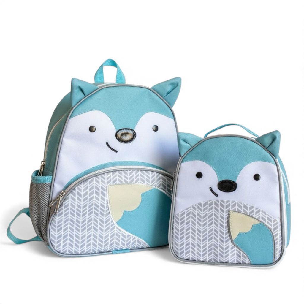 Mochila Infantil Mais Lancheira Térmica Raposa Azul Modelo Zoo Creche