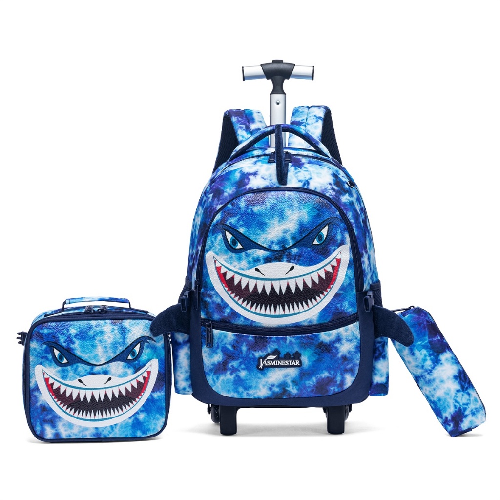 Kit Escolar Mochila De Rodinha Lancheira Estojo Masculino Tubarão Azul