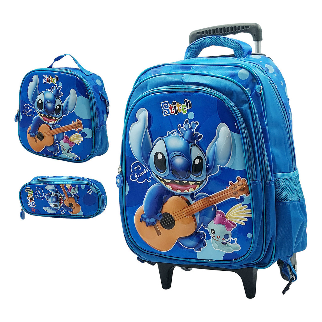 Kit Mochila Escolar Menino Infantil 3d Rodinhas Stitch Azul