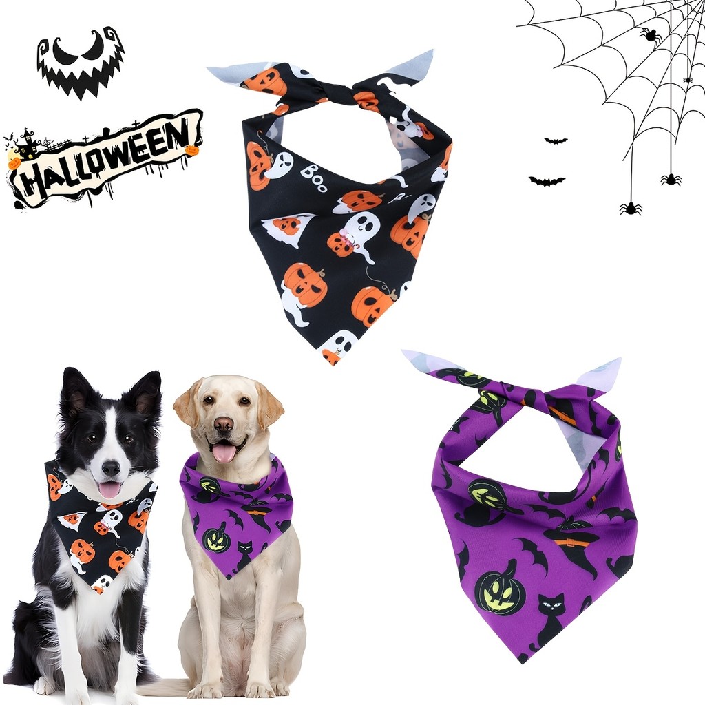 2pcs, for halloween Pet Bandana, Pumpkin, Black Cat, Bat And Ghost Patterns Pet Bibs, for halloween Cat And Dog Decor, I