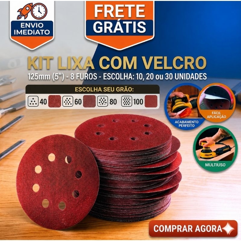Kit Lixa Disco Circular Velcro para Madeira e Acabamento em Parede e Massa 125mm 5