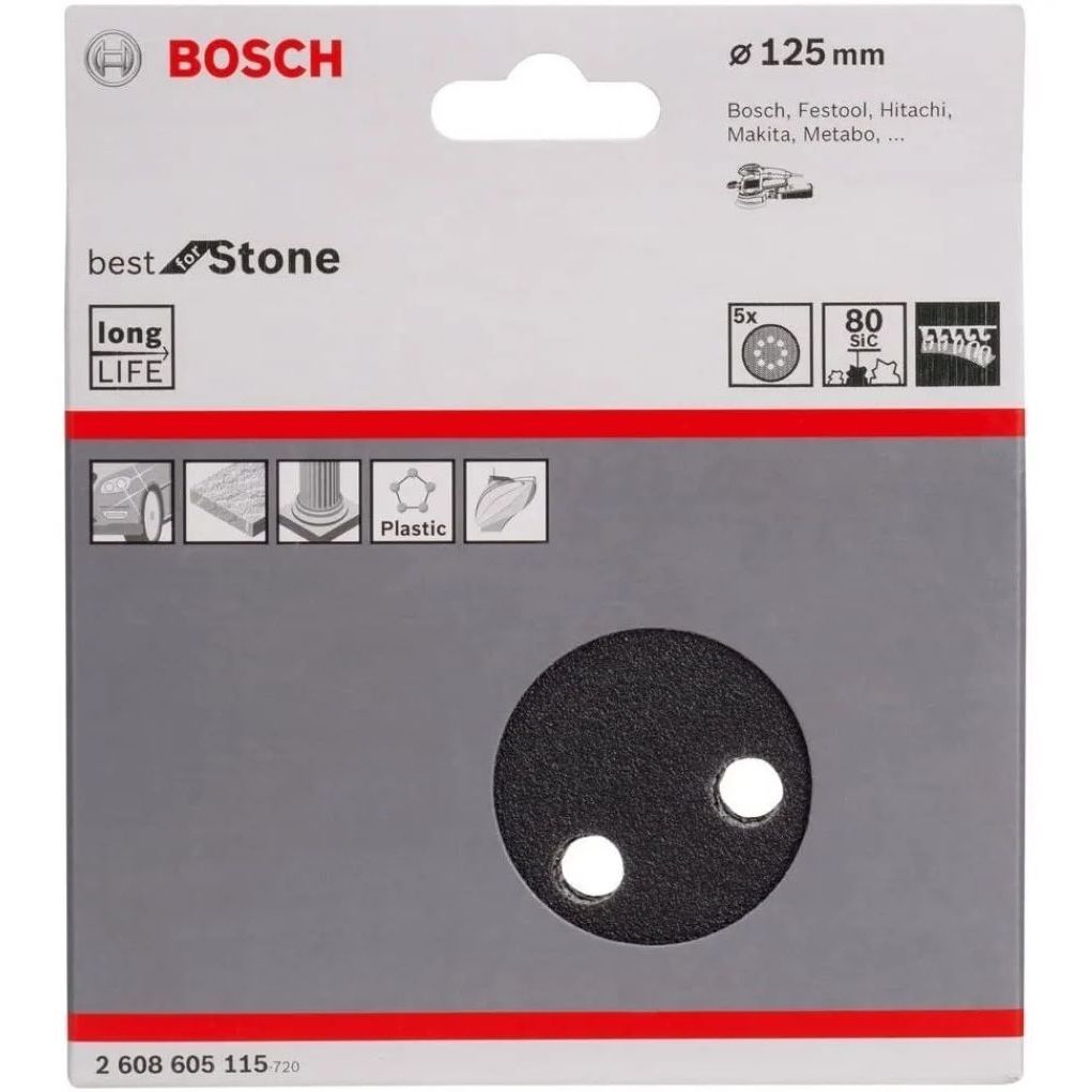 Disco de Lixa Auto Colante G80 125mm C/5 Bosch Roto-orbital 2608605115