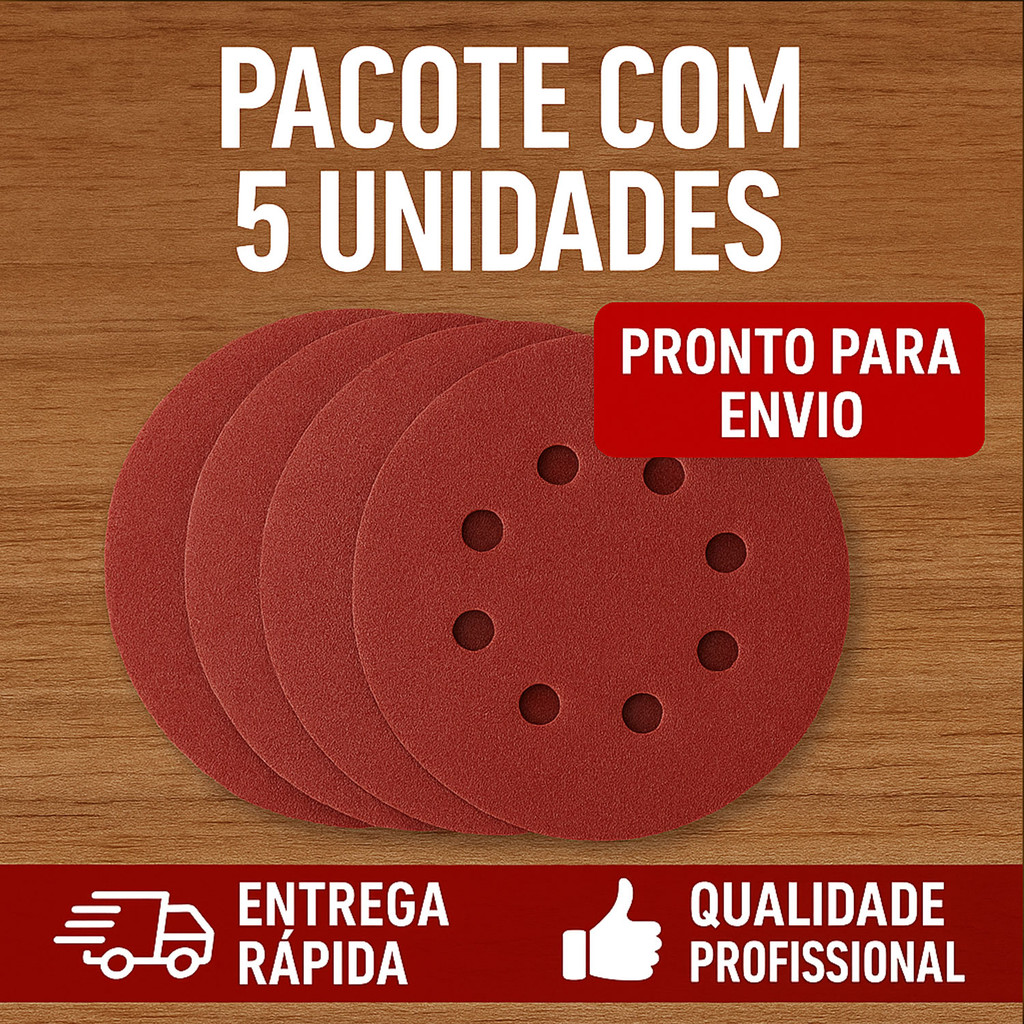 Kit 5 Disco de Lixa 125mm com 8 Furos Auto Aderente Grão 180 para Lixadeira Roto Orbital Eda Profissional