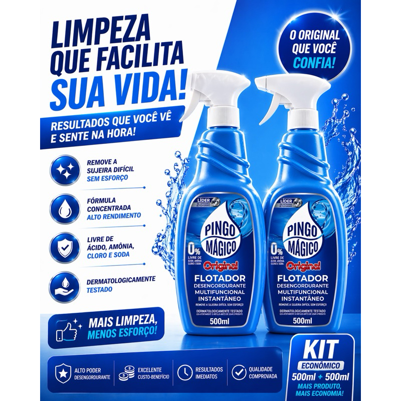 Kit 2 Pingo Mágico 500ml Desengordurante Multiuso Limpeza Pesada Instantânea