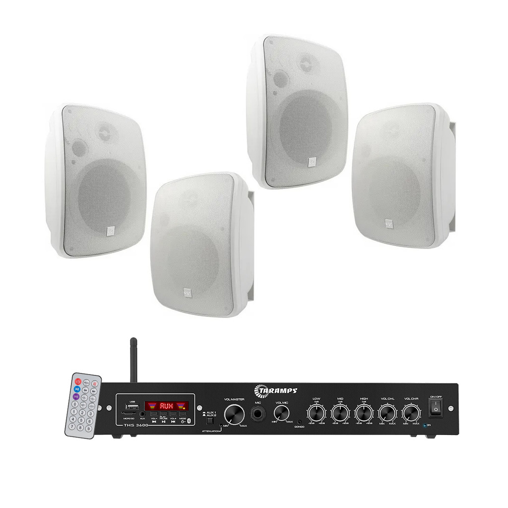Kit som ambiente Taramps THS 3600 com 4 caixa Kaz K6 branca