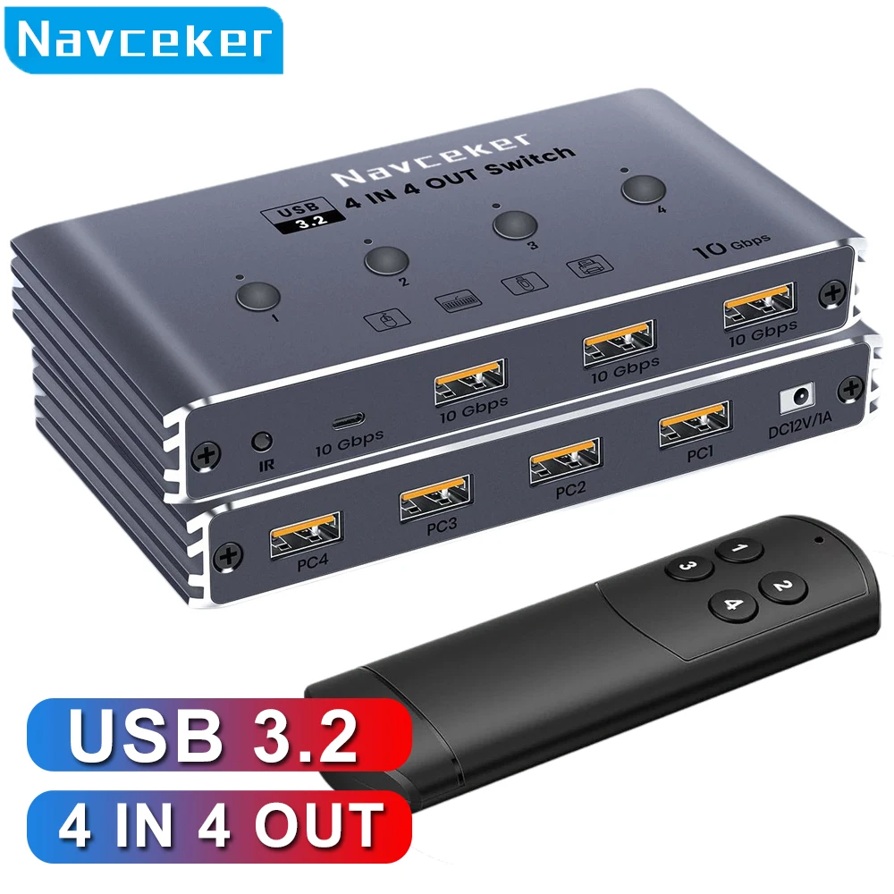 Navceker KVM USB C Switch with Controller 4 Computers Share 4 10Gbps USB 3.2 Gen 2 USB Switcher Selector for PC Laptop Keyboard