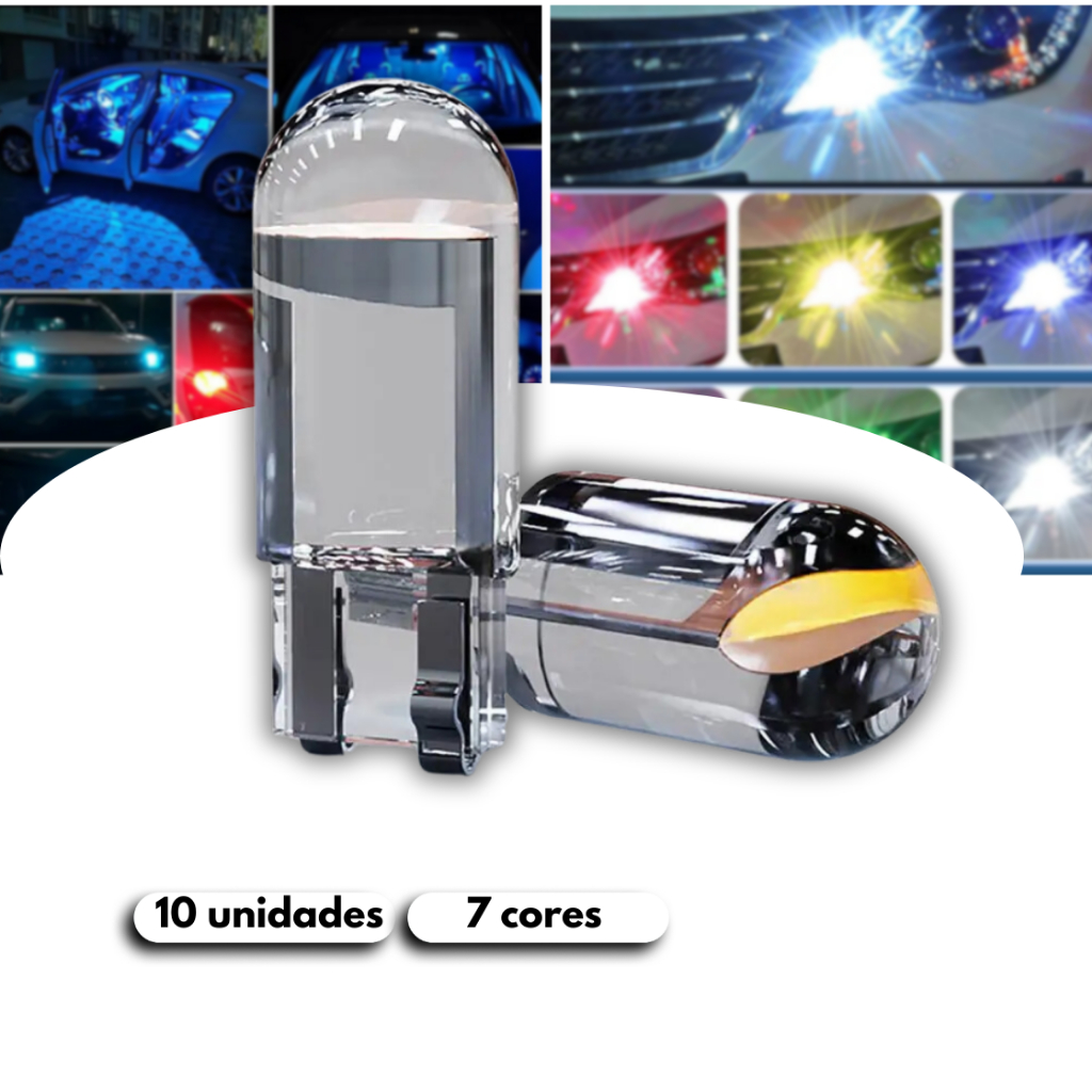 Kit 10 Lâmpada Led Pingo T10 Carro 9mm 23mm 0,36W-COB Corrente 0,03A - DC12V Diversas Cores lumexar