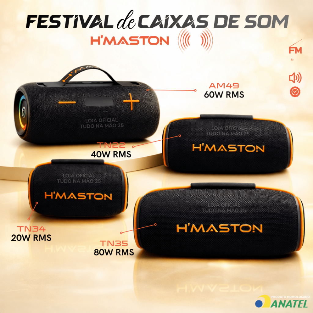[ORIGINAL] CAIXA DE SOM PREMIUM GRAVE POTENTE Bluetooth Portátil FM Pendrive 20W/40W/60W/80W HMASTON