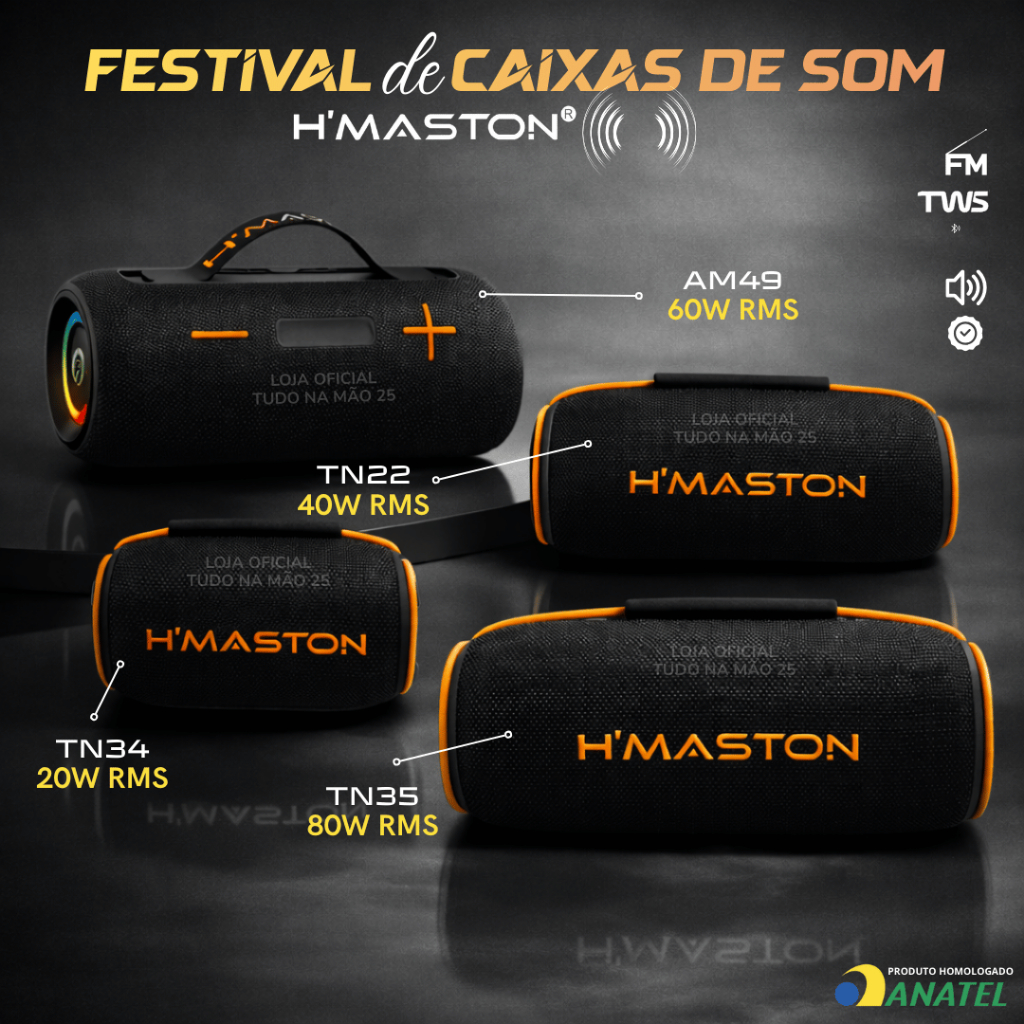 [ALTA POTÊNCIA] CAIXA DE SOM GRAVE POTENTE TWS LED Bluetooth Prova d'Água 20W/40W/60W/80W HMASTON