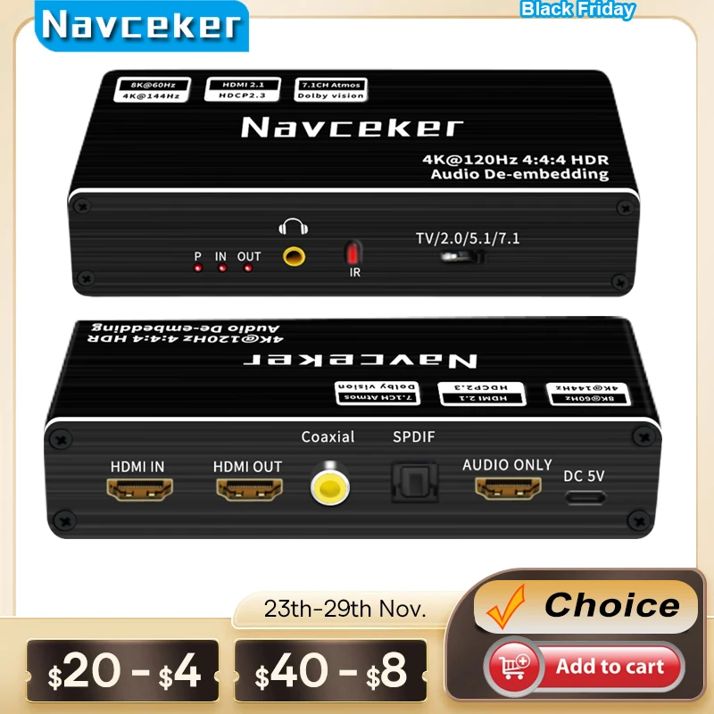 Navceker 8K 60Hz HDMI Audio Extractor 4K 120Hz RGB 4:4:4 HDMI 2.1 Audio Splitter Converter 7.1 Atmos De-embed for PS5 XBox