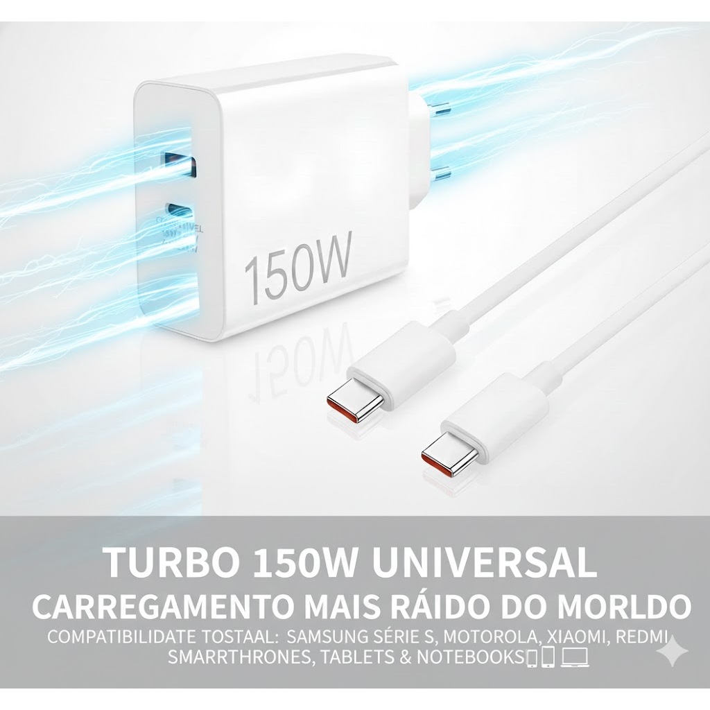 Carregador Turbo 150W Universal Fast Charge USB-C + USB 45W-150W Notebook Samsung S Motorola Xiaomi Redmi