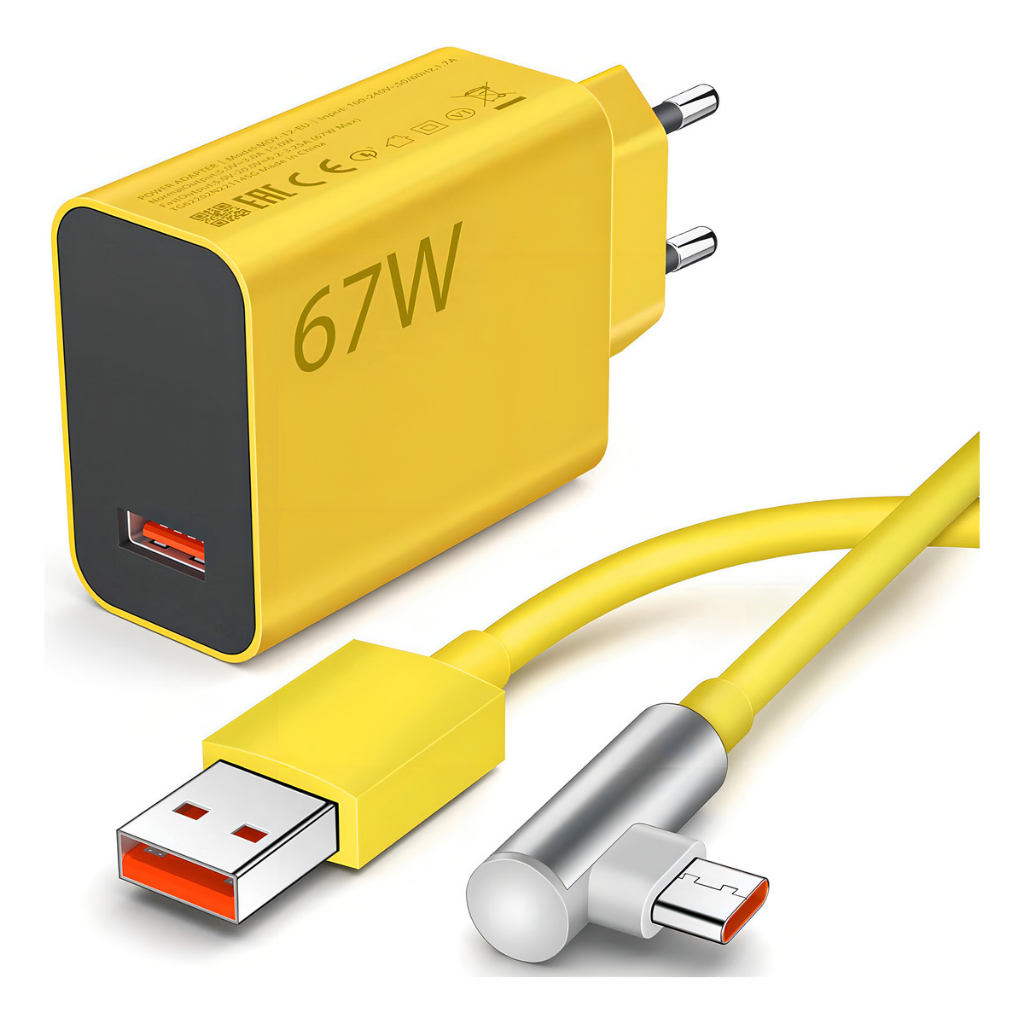 Carregador Amarelo Charge Turbo 67w Tipo C Compativel Redmi Note Poco 90 Graus