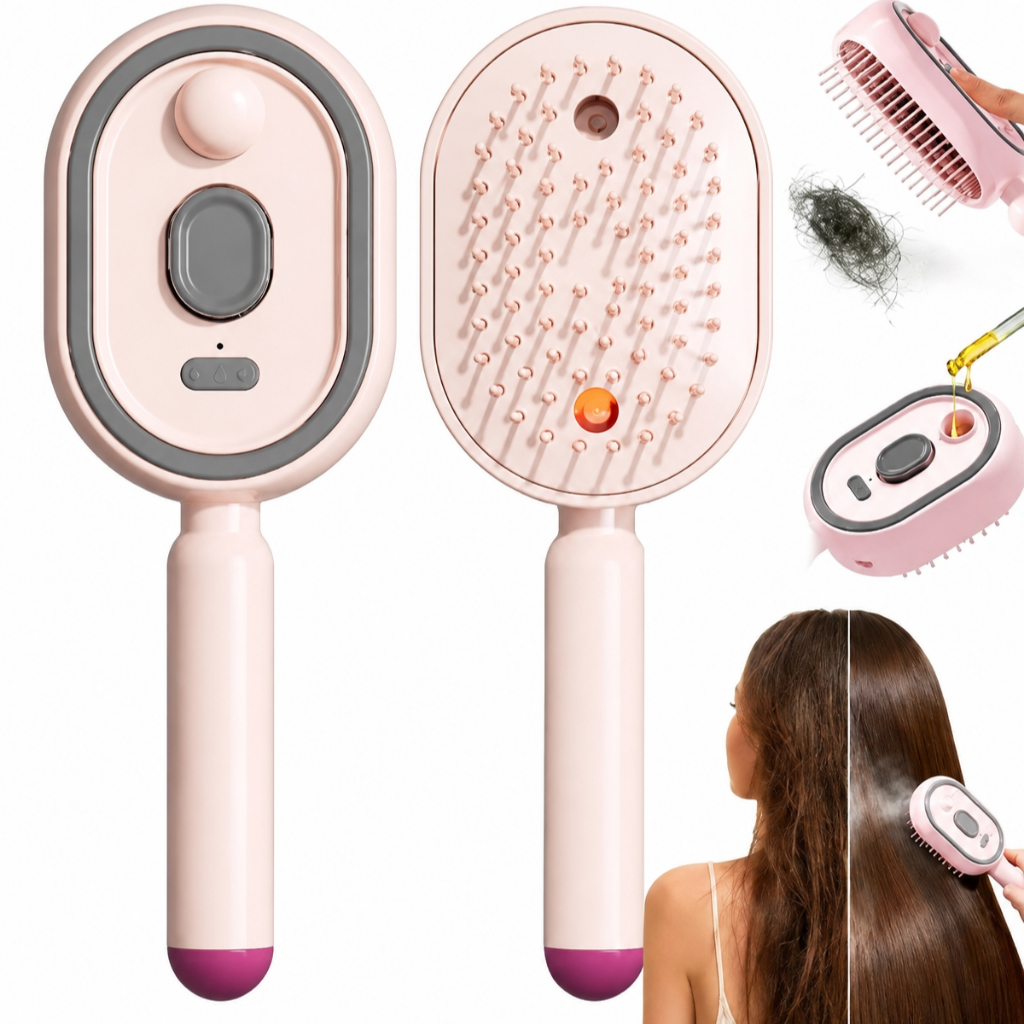 Escova De Cabelo Eletrica Recarregavel USB Com Led Vermelho Vapor Spray Desembaraçadora Anti-Queda
