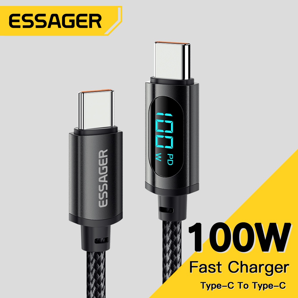 Cabo Essager 5A 100W Tipo C para Tipo C com Display Digital, Carregador Rápido QC PD para Samsung Xiaomi