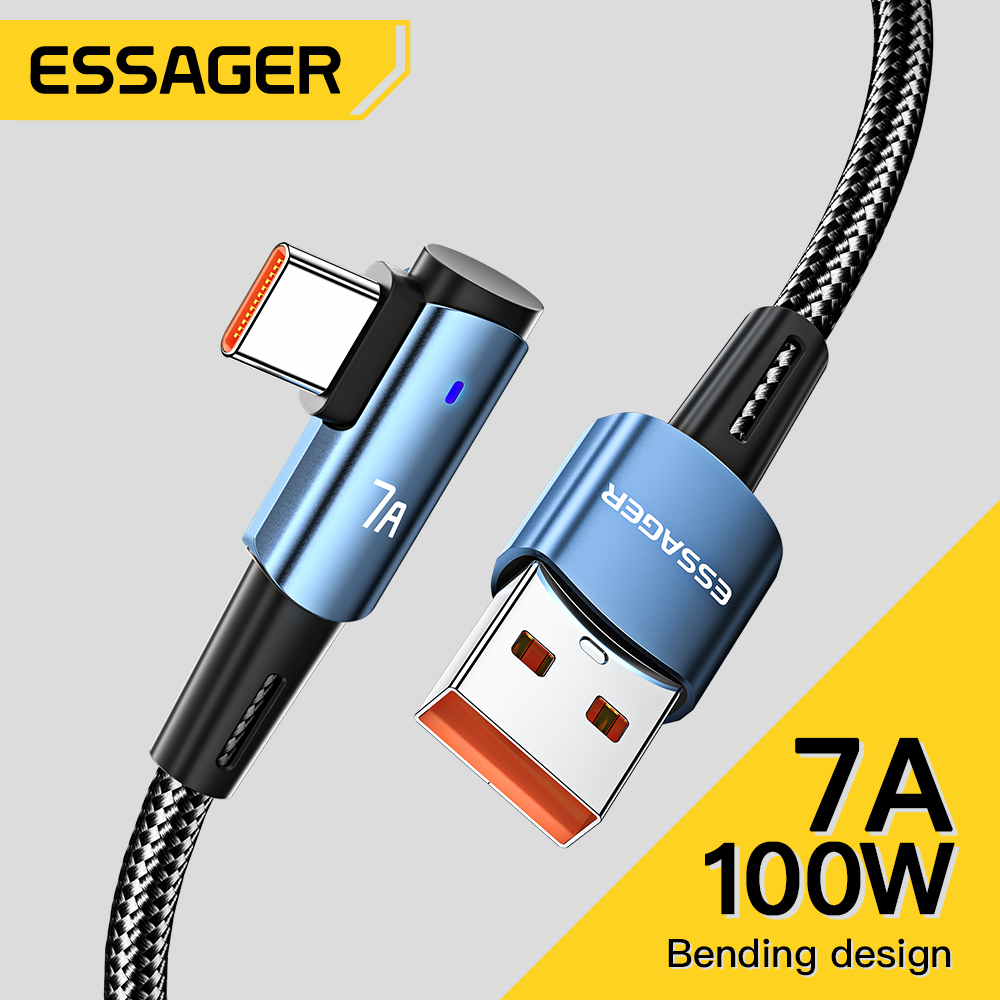 Novo Cabo USB Tipo C 7A Essager com ângulo de 90 graus para OPPO, cabo de carregamento rápido de 100W para Honor,