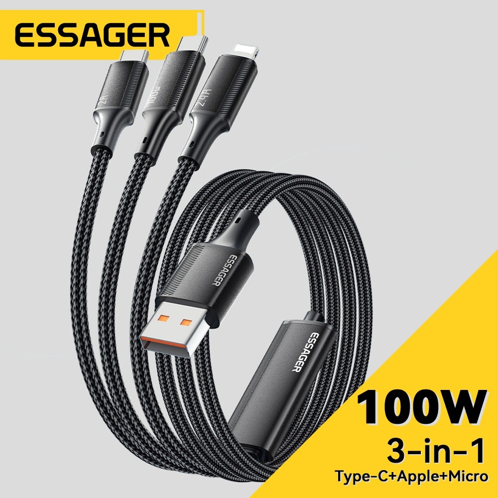 Essager Type C Micro Ios Fsat Cabo De Carregamento 3 Em 1 Para Dados Huawei Samsung 7A 100W