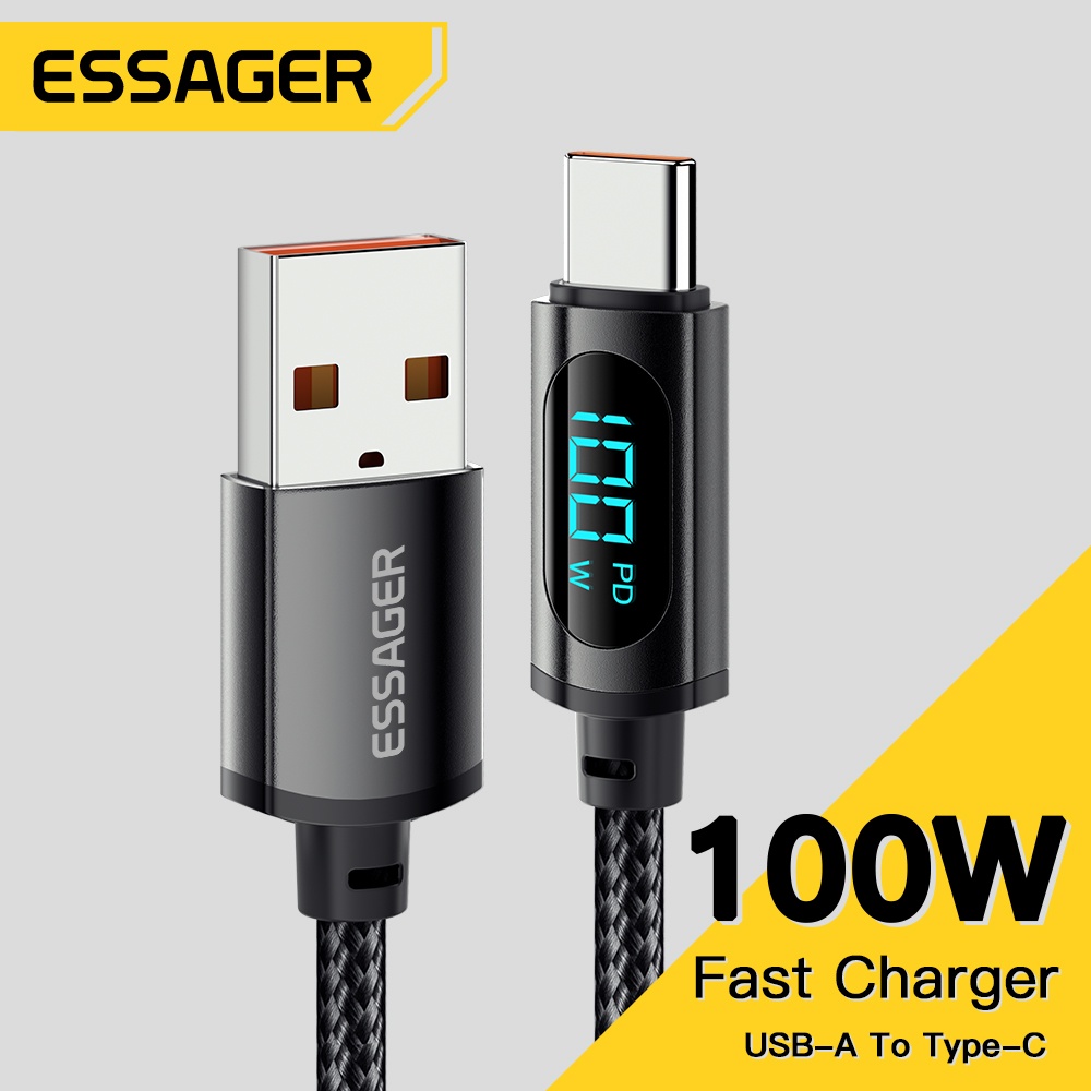 Cabo USB para Type C Essager 7A 100W com Display Digital, Cabo de Carregamento Rápido QC PD para Samsung e Realme