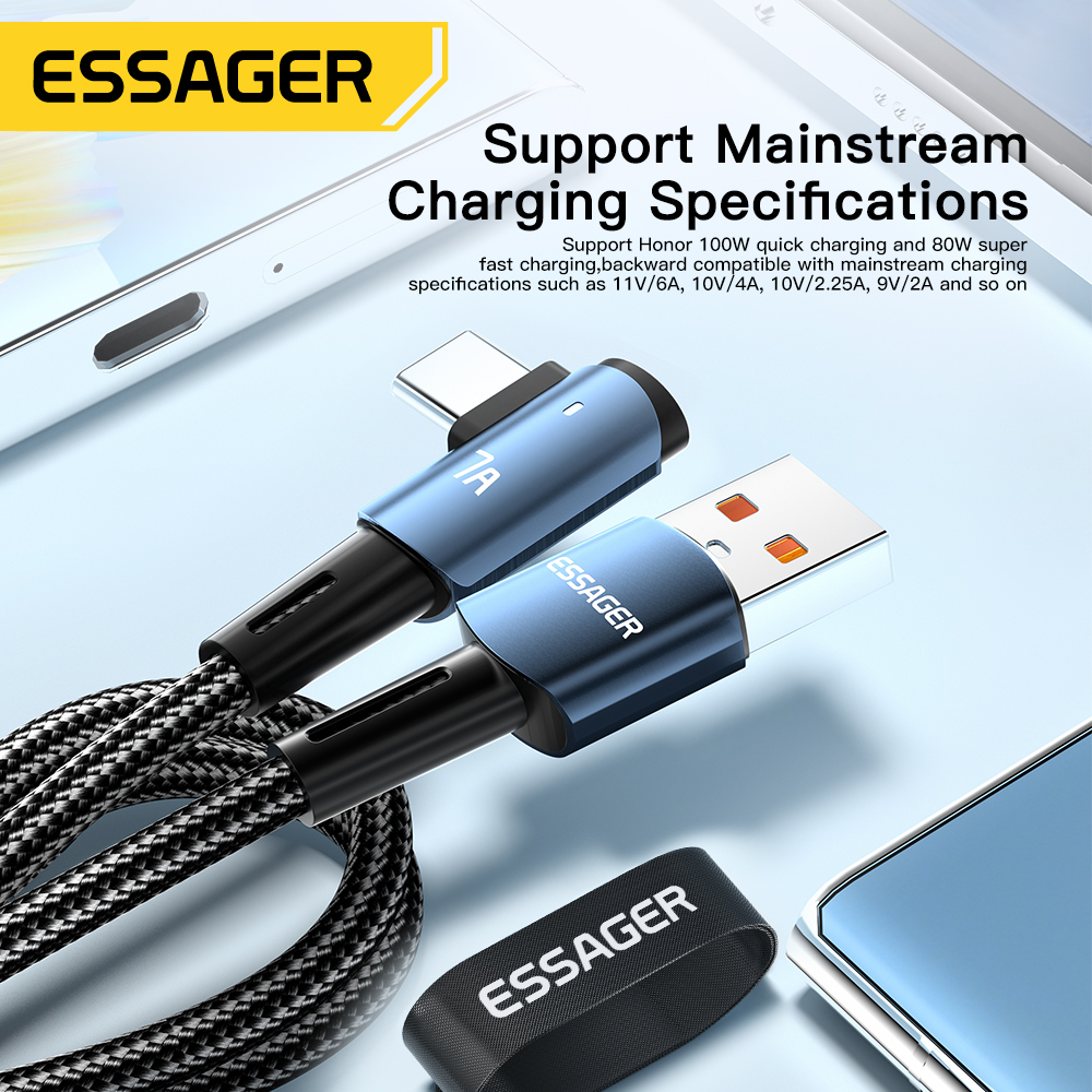 Novo Cabo USB C Essager 7A, Cabo USB Tipo C com Ângulo de 90 Graus, Cabo de Carga Rápida de 100W para OPPO, Honor,