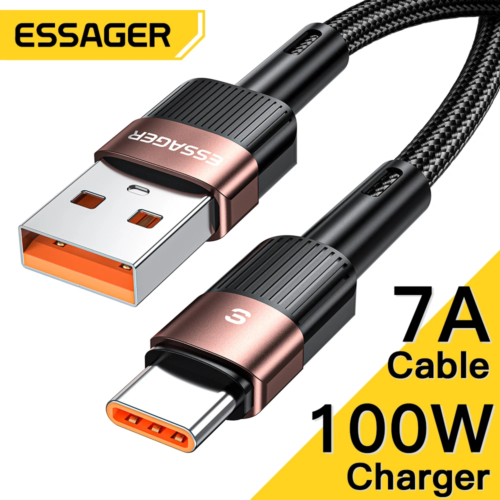 Cabo Essager USB  p/Tipo C, 7A, 100W, Fio de Carregamento Rápido, USB-C Carregador, Cabo de Dados, 1m, Preto.