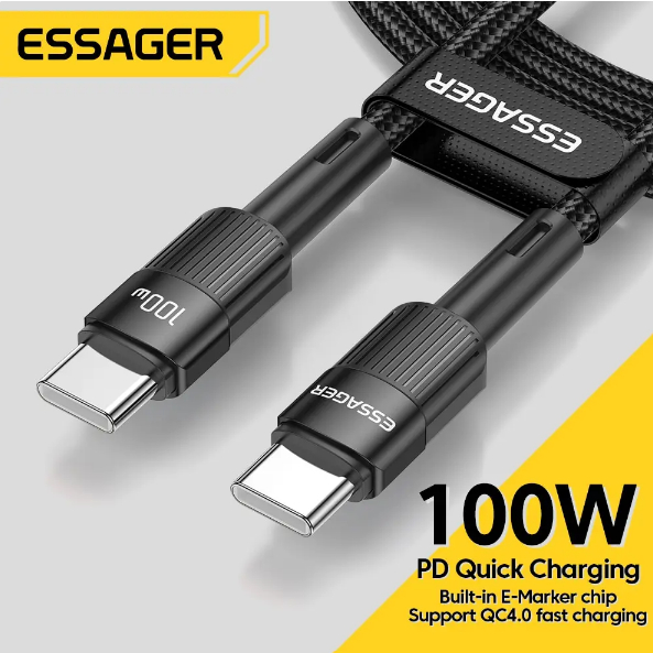 Cabo Essager, Tipo-C p/Tipo C, PD, 5A, Carregamento Rápido,  60/100W, 1metro de comprimento.