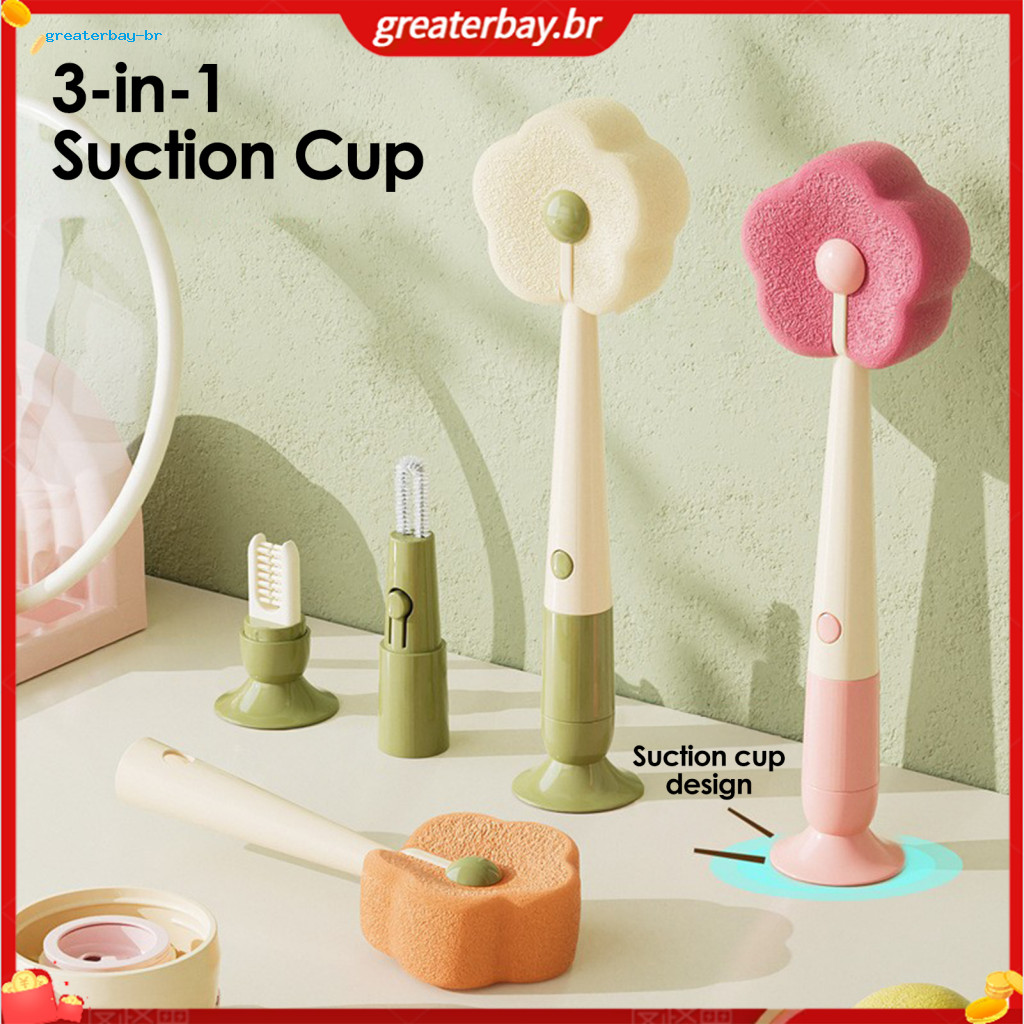 Soft Flower-shaped Cleaning Brush with Long Handle and Suction Base – Bottle Cup Water Scrubber Sponge for Easy Deep