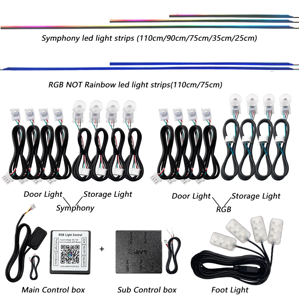 18 in 1 Car Ambient Light 64 Color Acrylic Strips 110cm 90cm 75cm 35cm 20cm Full Colors RGB Car Interior Bluetooth App Control