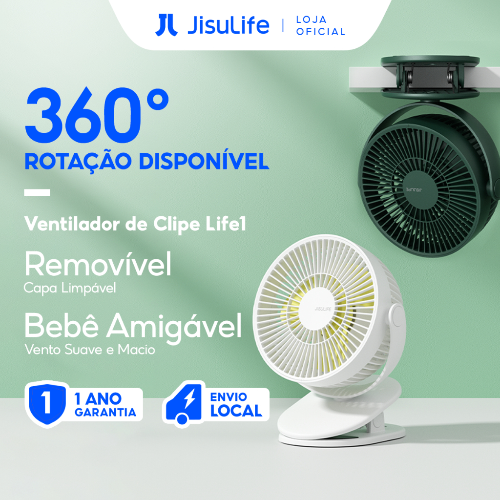 JISULIFE Ventilador de Clipe/Mesa Portátil Silencioso 4000mAh Capa Removível Casa/Escritório(Clip Fan Life1 Plus)