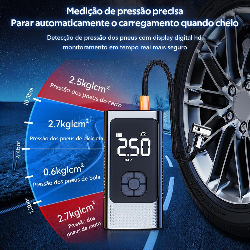 Bomba de Ar Portátil Recarregável 4000mAh, Inflador Digital com Auto Stop, USB-C para Automóvel