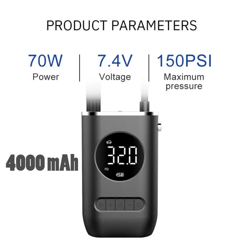 4000mAh Compressor de Ar Digital Portátil - USB Recarregável - Calibrador de Pneu Profissional