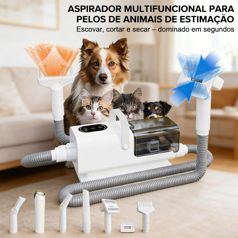 Kit Higiene e Aspiração Pet 7 em 1 com Sucção 10000PA Copo 2,5L Baixo Ruído Aparador e Tesoura para Cães e Gatos