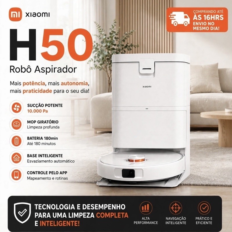 Robô Aspirador Xiaomi H50 110 e 220v Base Autolimpante 10000Pa Mapeamento Laser Mop Giratório