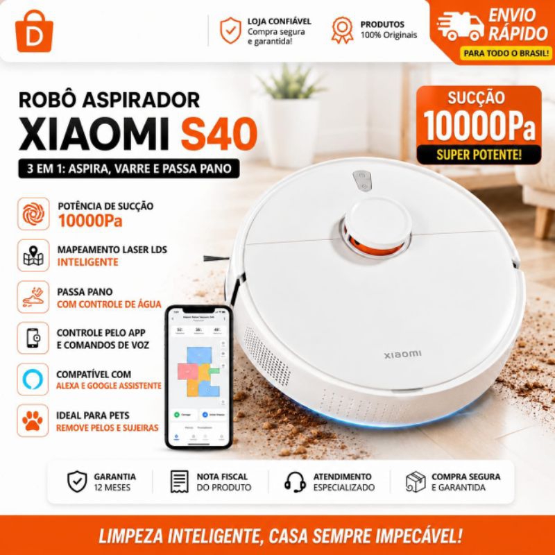 Robô Aspirador S40 3 em 1 10000Pa | Mapeamento Laser LDS | Passa Pano | Controle App Alexa | Super Potente