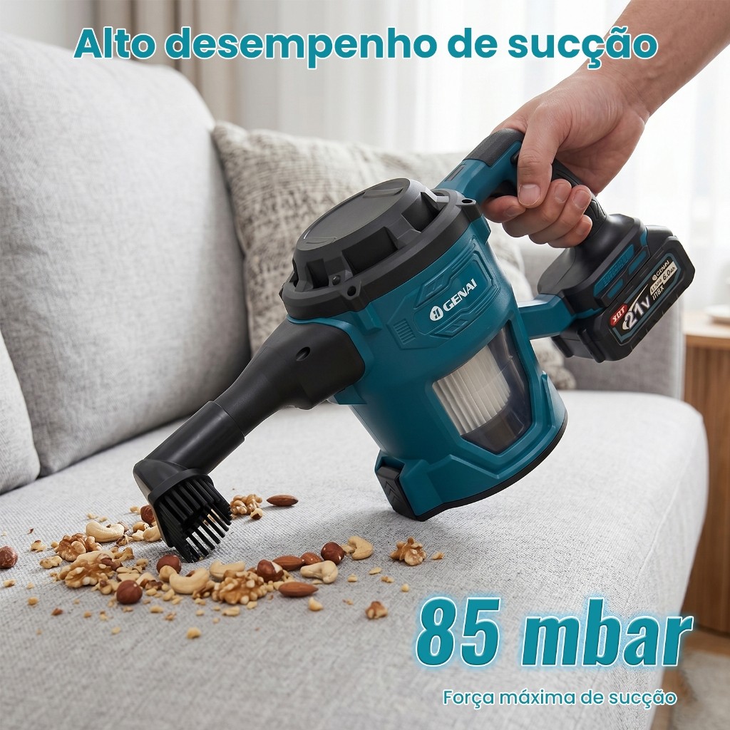 Aspirador Portátil Sem Fio 21V Motor Brushless Dupla Função Aspirar e Soprar 2 Baterias 6.0Ah + Acessórios Completos