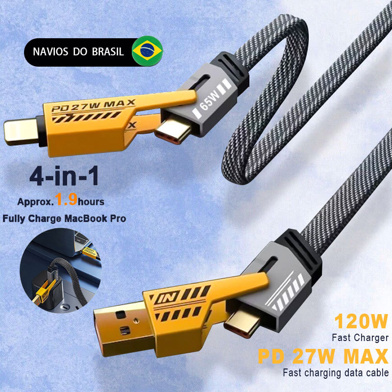 4 Em 1 Estilo Mecânico 65W Carregamento Rápido Dados USB A + C Cabo Para Tipo iOS Fio Cabos Doces