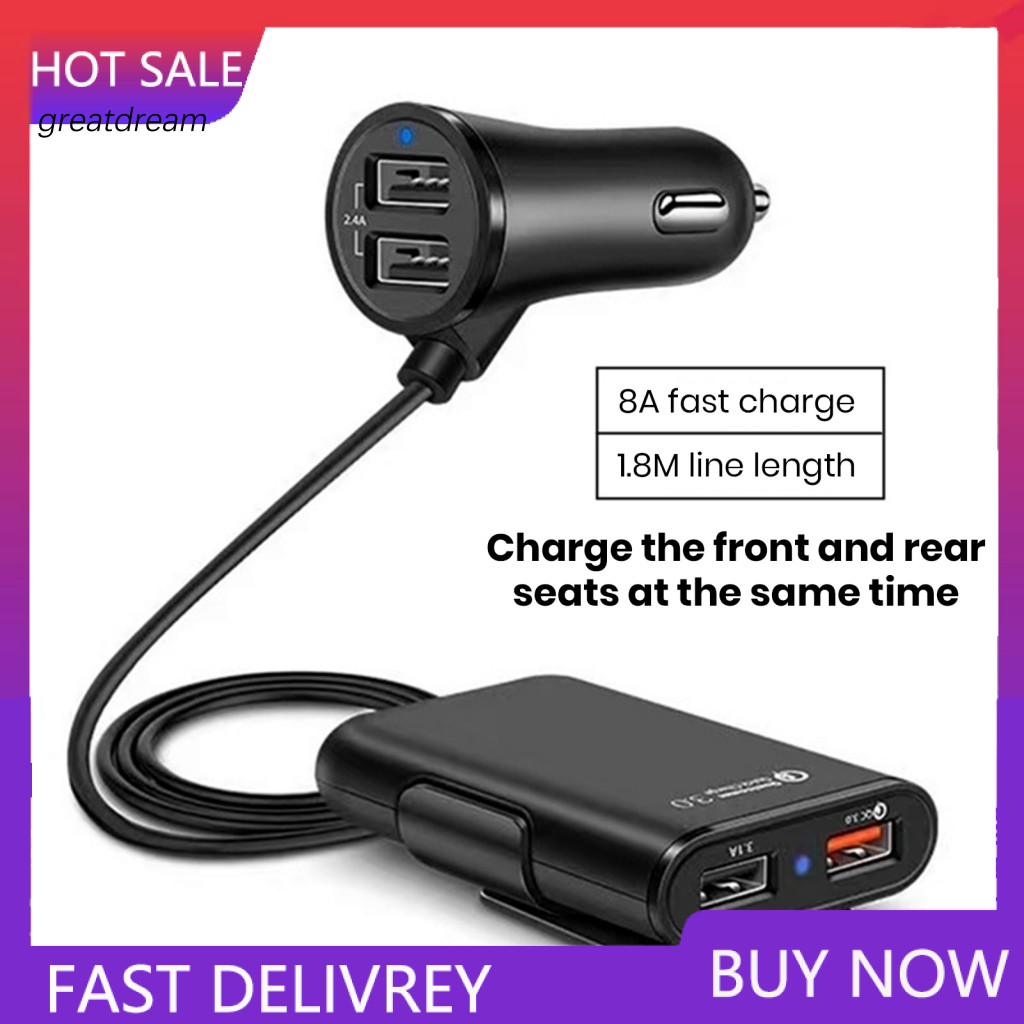 Car Charger with 4 Usb Ports Front Rear Seat Qc3.0 8a Fast Charging Adapter 1.8m Cable for Universal for Cars
