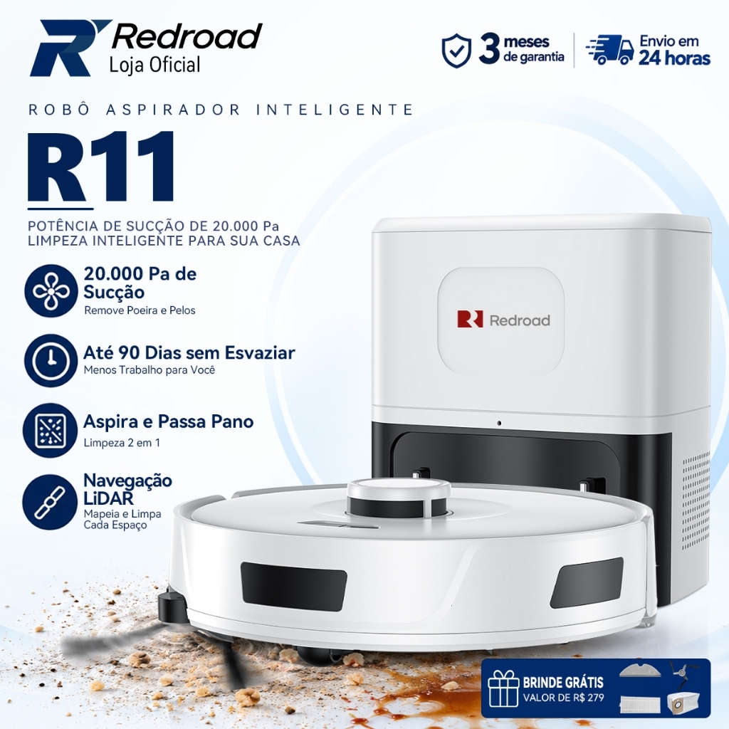 Robô Aspirador Passa Pano Redroad R11 Inteligente 20000Pa Autoesvaziável 3 em 1 App e Voz Silencioso Para Pets 127/220V