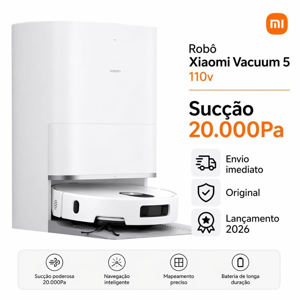 Xiaomi Robot Vacuum 5 Aspirador Robô 20000Pa Inteligente Mapeamento Laser Base Autolimpante