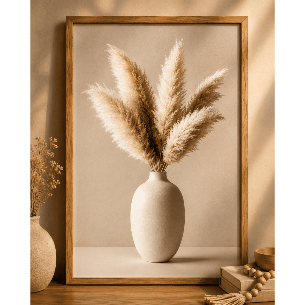 Quadro Decorativo Minimalista Moldura Amadeirada Vaso Pampas Sala Quarto Escritório Decoração Modern